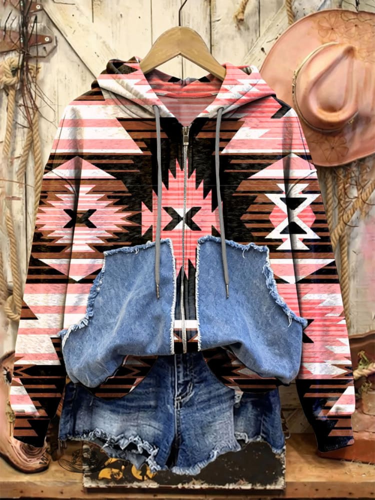 Retro Print Casual Cotton Patchwork Hooded Zip-up Sweatshirt