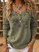 Floral Art Print Buttoned Cardigan Sweater