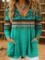 Women's Vintage Aztec Printed Casual Knitted V-Neck Pocket Top