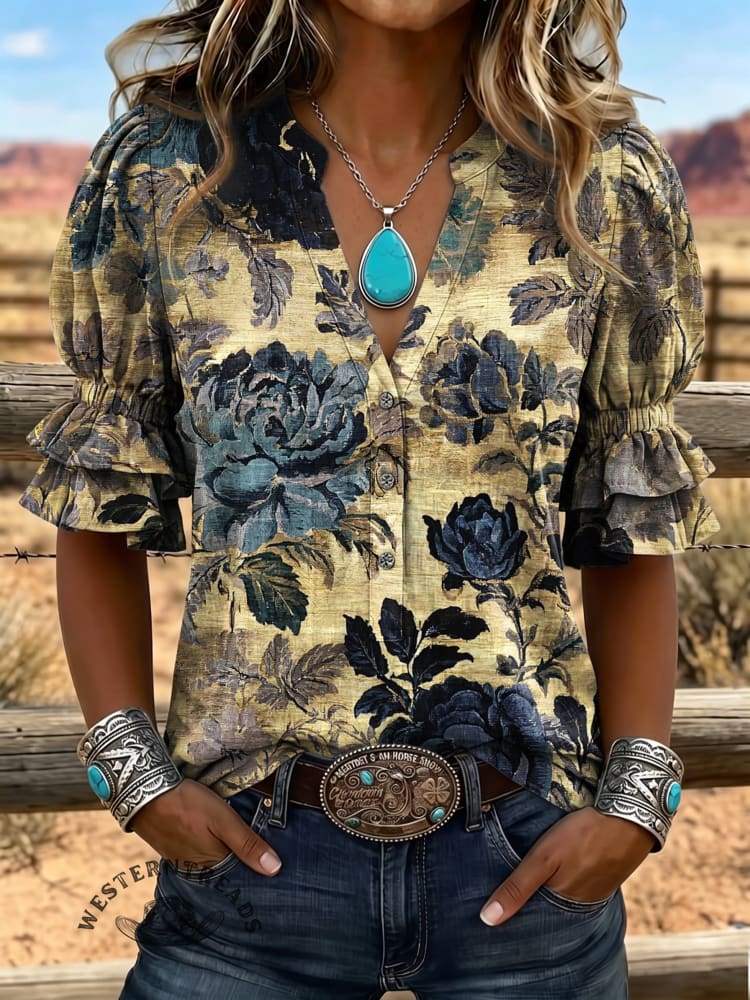 Women's Vintage Art Puff Sleeve Casual Shirt