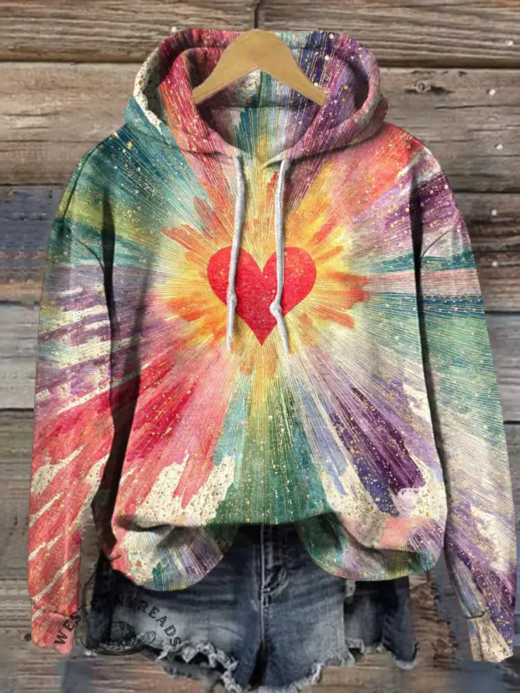 Vintage Heart Art Print Casual Cotton Hooded Sweatshirt