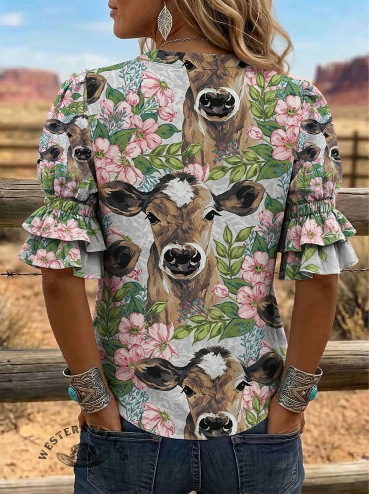 Women's Floral Cow Print Puff Sleeve Casual Shirt