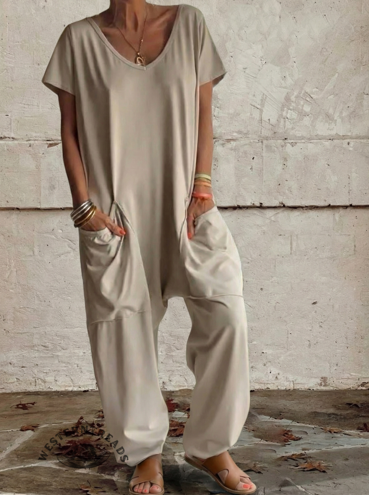 Women's Casual Jumpsuits V Neck Half Sleeve Long Rompers
