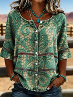 Vintage Floral Print Casual Hollow-out Denim Shirt