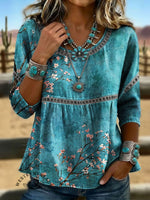 Vintage Floral Art Print Casual 3/4 Sleeves Hollow Denim Shirt