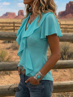 Women's Retro Casual Ruffled V-Neck Shirt