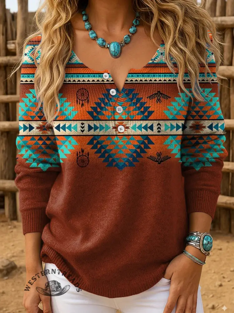 Women's Retro Aztec Art Print Henley Neck Sweater Top
