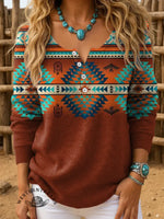 Women's Retro Aztec Art Print Henley Neck Sweater Top