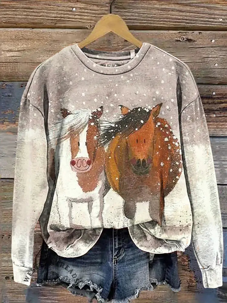Cow And Snow Art Print Casual Sweatshirt