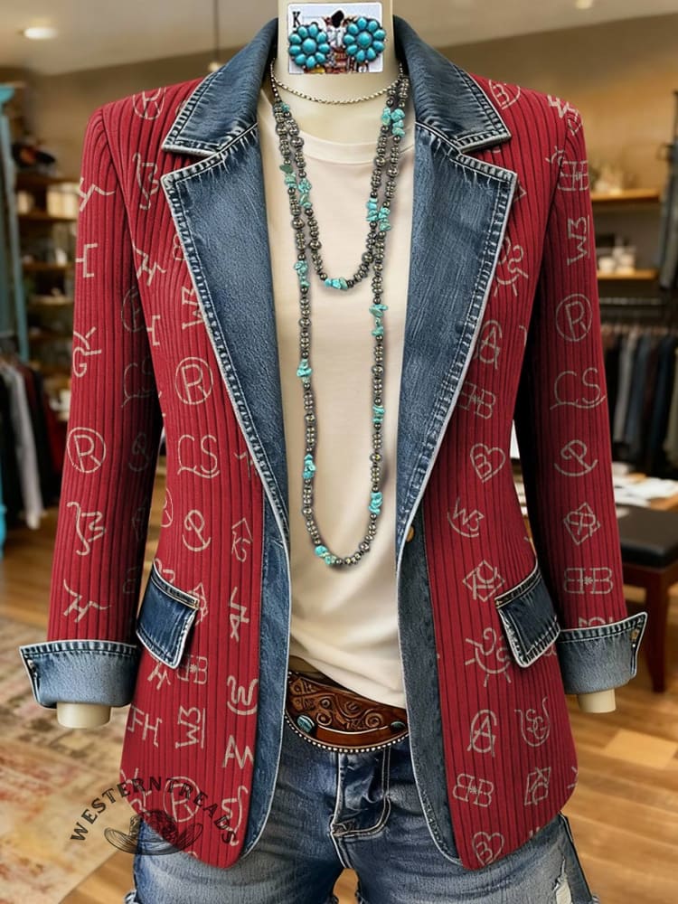 Cattle Brand Print Patchwork Denim Sweater