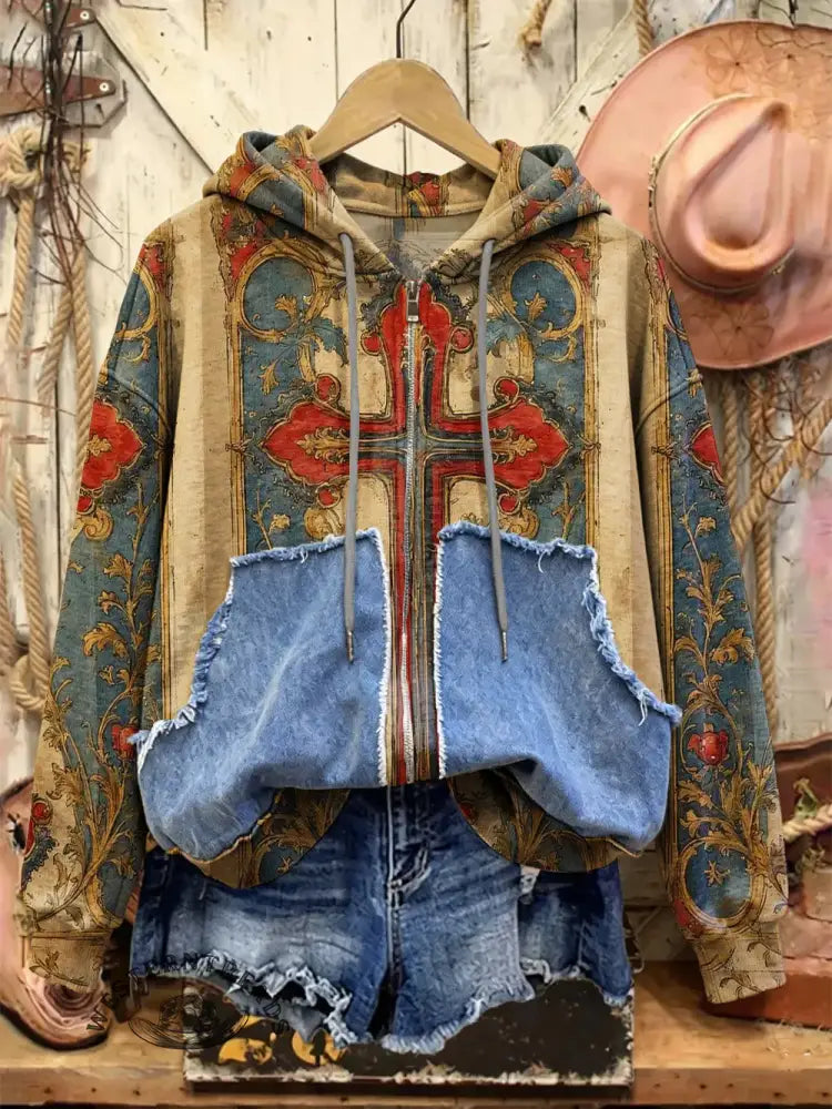 Retro Print Casual Cotton Patchwork Hooded Zip-up Sweatshirt