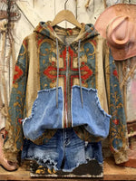 Retro Print Casual Cotton Patchwork Hooded Zip-up Sweatshirt