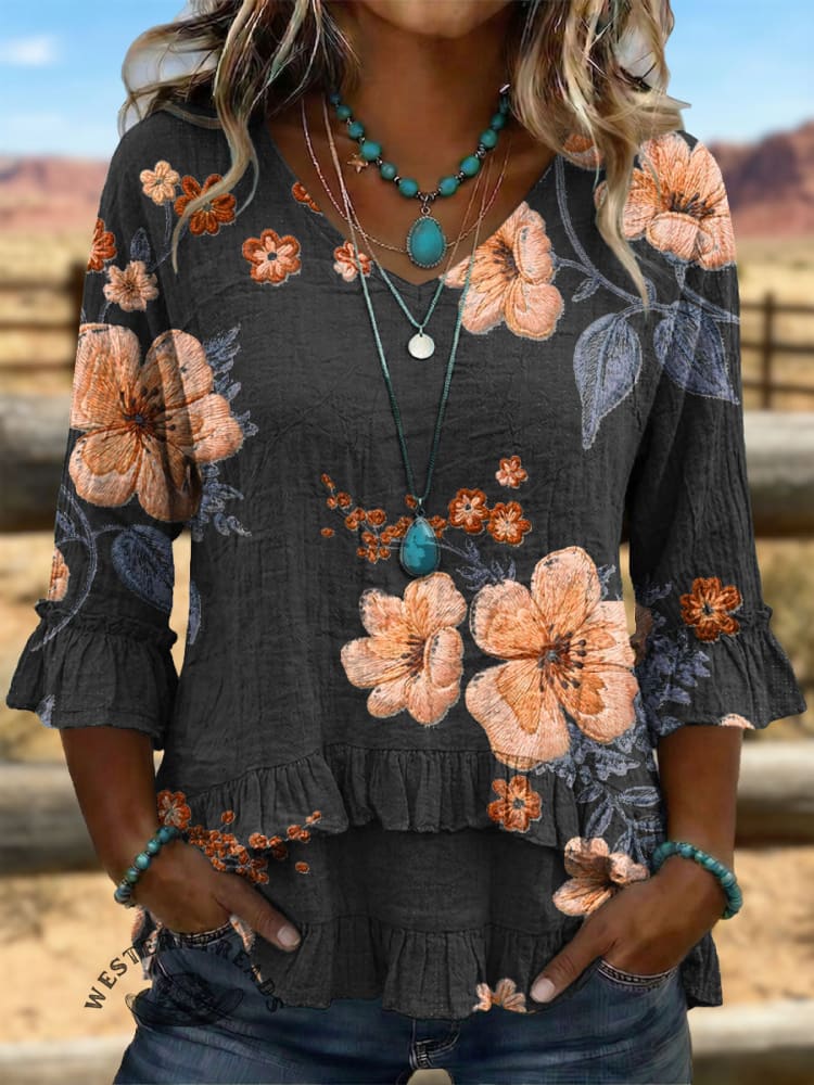 Vintage Art Patchwork Irregular Ruffles Shirt