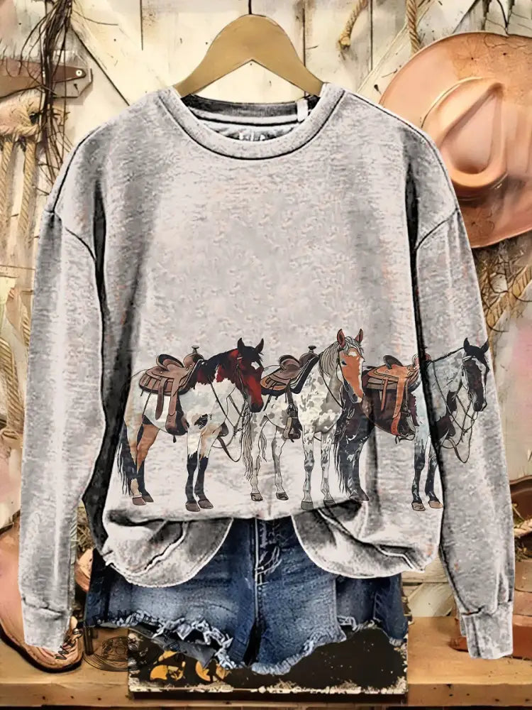 Retro Western Horse Print Casual Cotton Sweatshirt