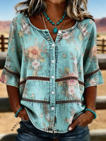 Women's Vintage Flowers Print Casual Hollow-out Denim Shirt