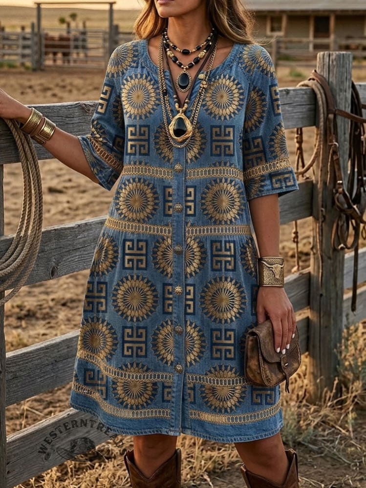 Vintage Print Casual Hollow-out Denim Dress