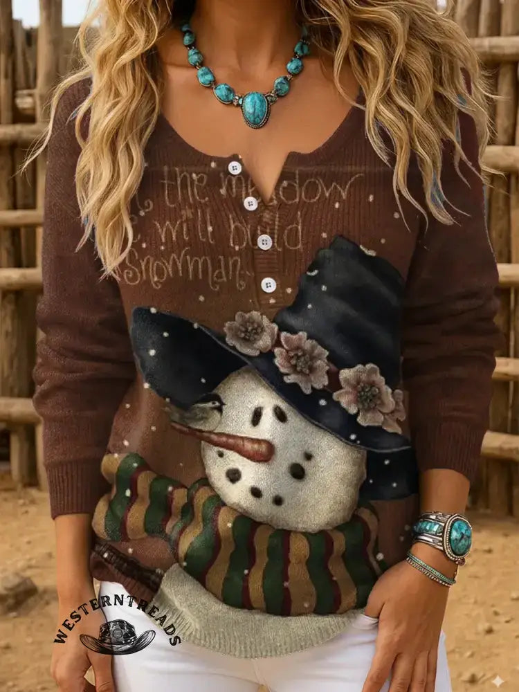 Vintage Art Christmas Print Casual Cotton Sweatshirt