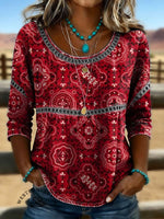 Women's Vintage Print Casual Hollow Denim Shirt