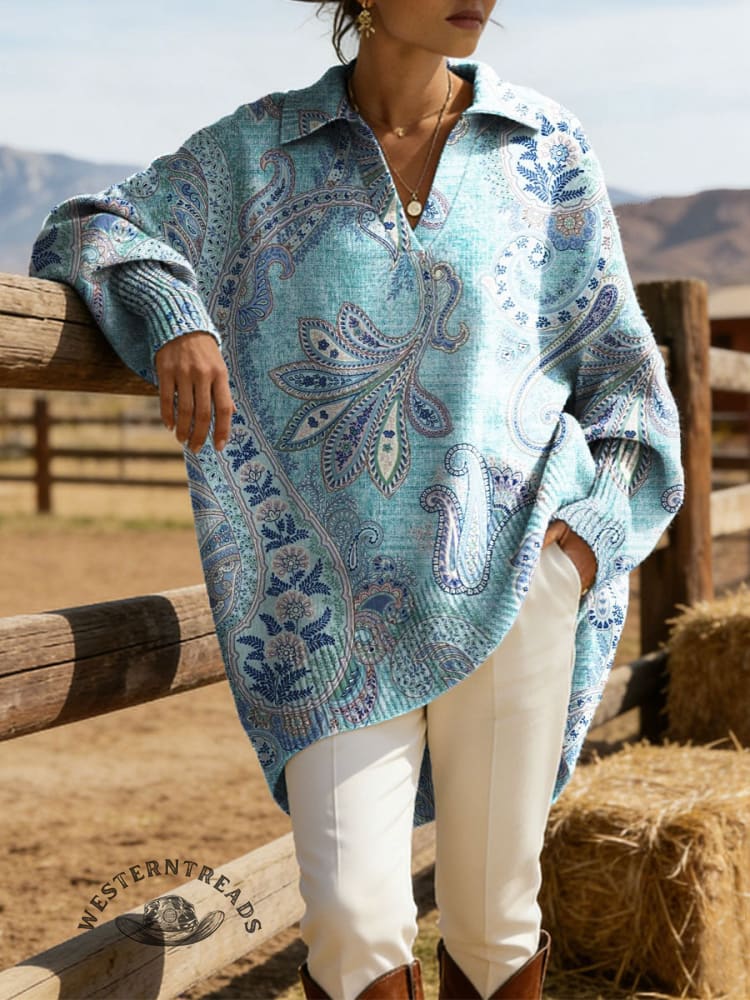 Women's Paisley Art Print Casual Lapel Sweater