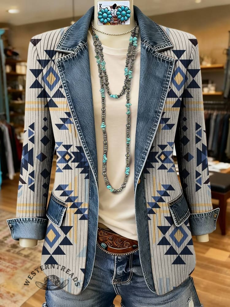 Aztec Print Patchwork Denim Sweater