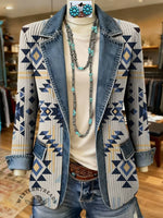 Aztec Print Patchwork Denim Sweater