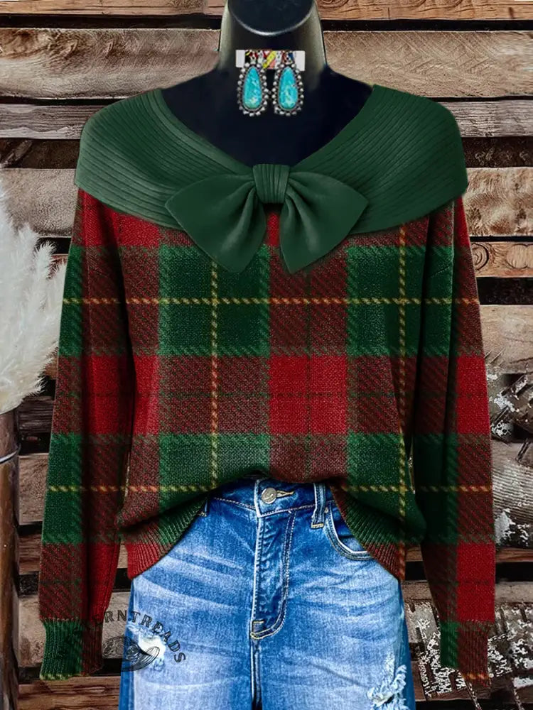 Retro Christmas color plaid Print Button Cardigan