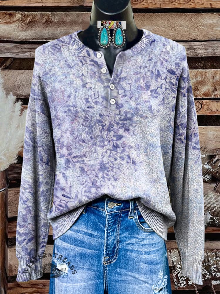 Floral Art Print Buttoned Cardigan Sweater