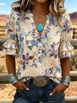 Women's Floral Art Print Puff Sleeve Casual Shirt