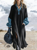 Casual Knit Denim Slit Maxi Dress
