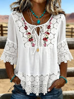 Women's Vintage Flowers Print Patchwork Lace Casual Shirt