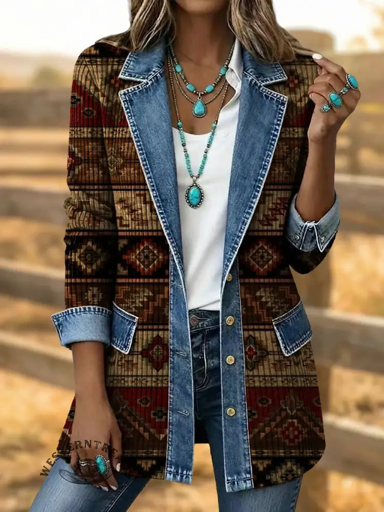 Retro Aztec Art Print Patchwork Denim Sweater Cardigan Coat