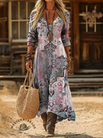 V-neck Retro Print Casual Loose Western Dress