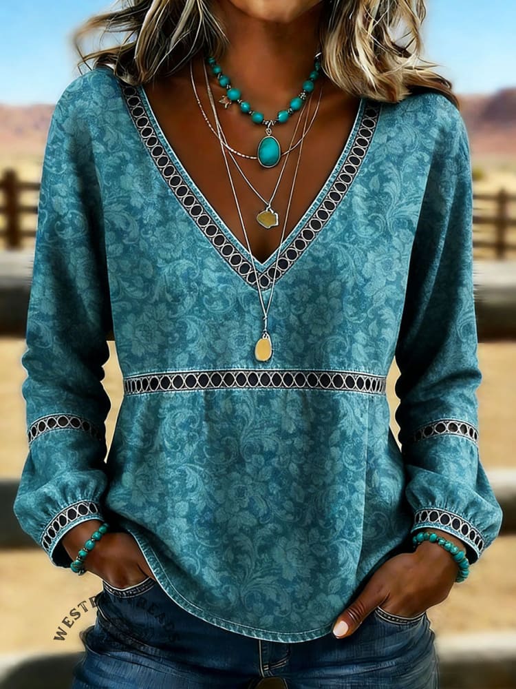 Women's Vintage Printed V-Neck Hollow Casual Shirt