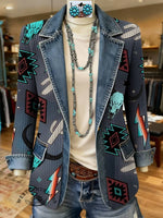 West Art Print Patchwork Denim Coat