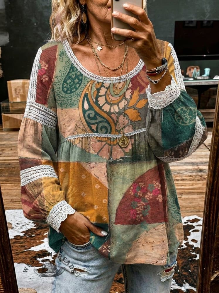 Women's Retro Floral Print Casual Lace Patchwork Shirt
