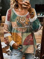 Women's Retro Floral Print Casual Lace Patchwork Shirt