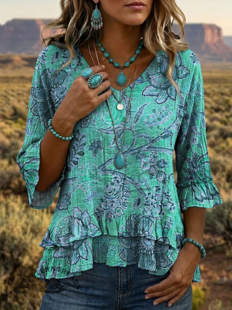 Women's Vintage Floral Print Ruffle Shirt