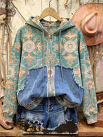 Retro Print Casual Cotton Patchwork Hooded Zip-up Sweatshirt