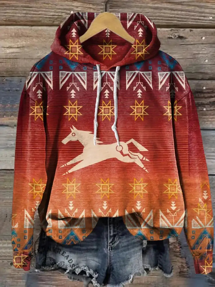 Vintage Art Print Casual Cotton Hooded Sweatshirt