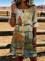 Vintage Bird Print Casual Hollow-out Denim Dress