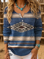 Women's Retro Aztec Art Print Henley Neck Sweater Top