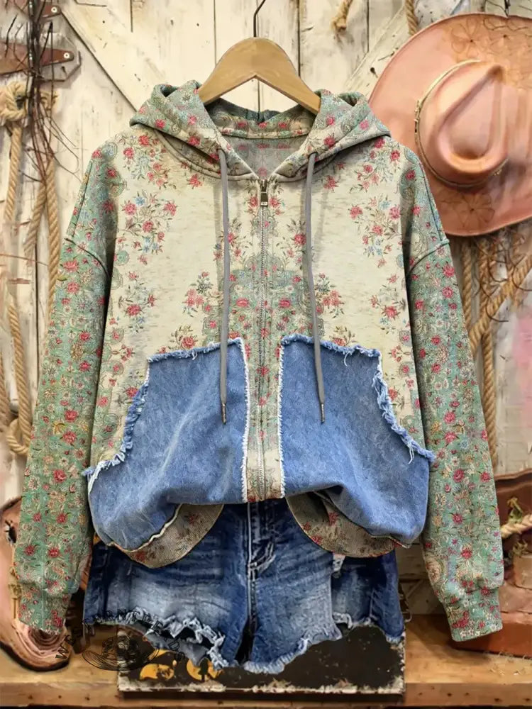 Retro Print Casual Cotton Patchwork Hooded Zip-up Sweatshirt