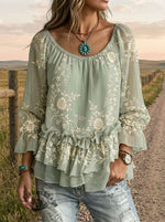 Vintage Floral Art Print Casual Ruffle Shirt