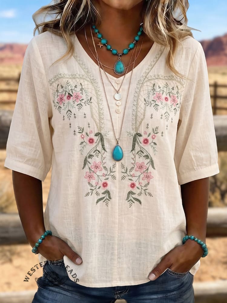 Vintage ArtPatchwork Cotton and Linen Embroidery Shirt