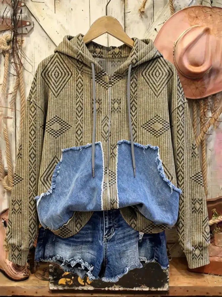 Retro Print Casual Cotton Patchwork Hooded Zip-up Sweatshirt