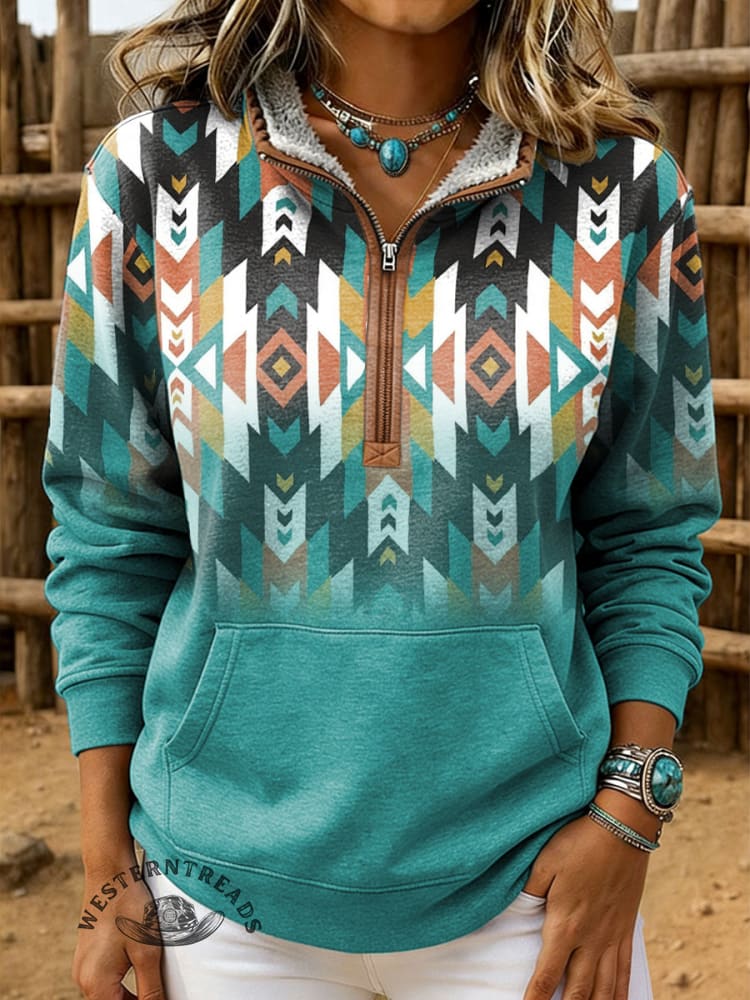 Retro Aztec Print Casual Half-zip Cotton Sweatshirt