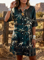 Vintage Floral Print Casual Hollow-out Denim Dress