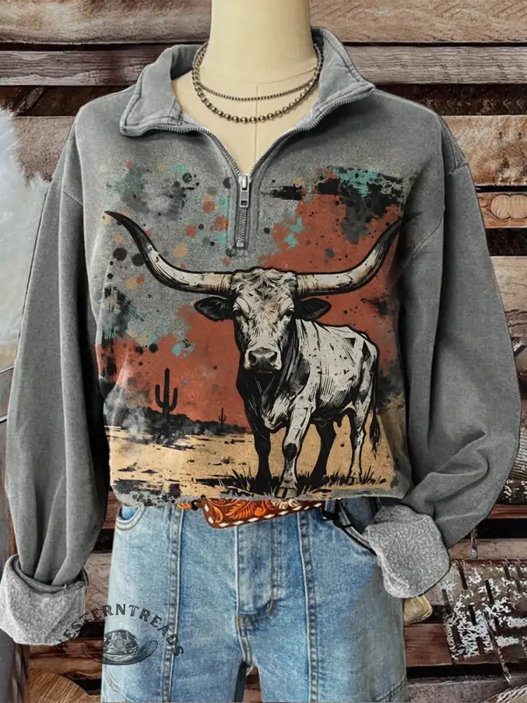 Women's Western Cow Art Print Zip Sweater
