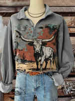 Women's Western Cow Art Print Zip Sweater