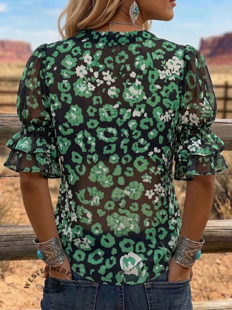 Vintage Art Print Comfortable Summer Fabrics Puff Sleeve Casual Shirt